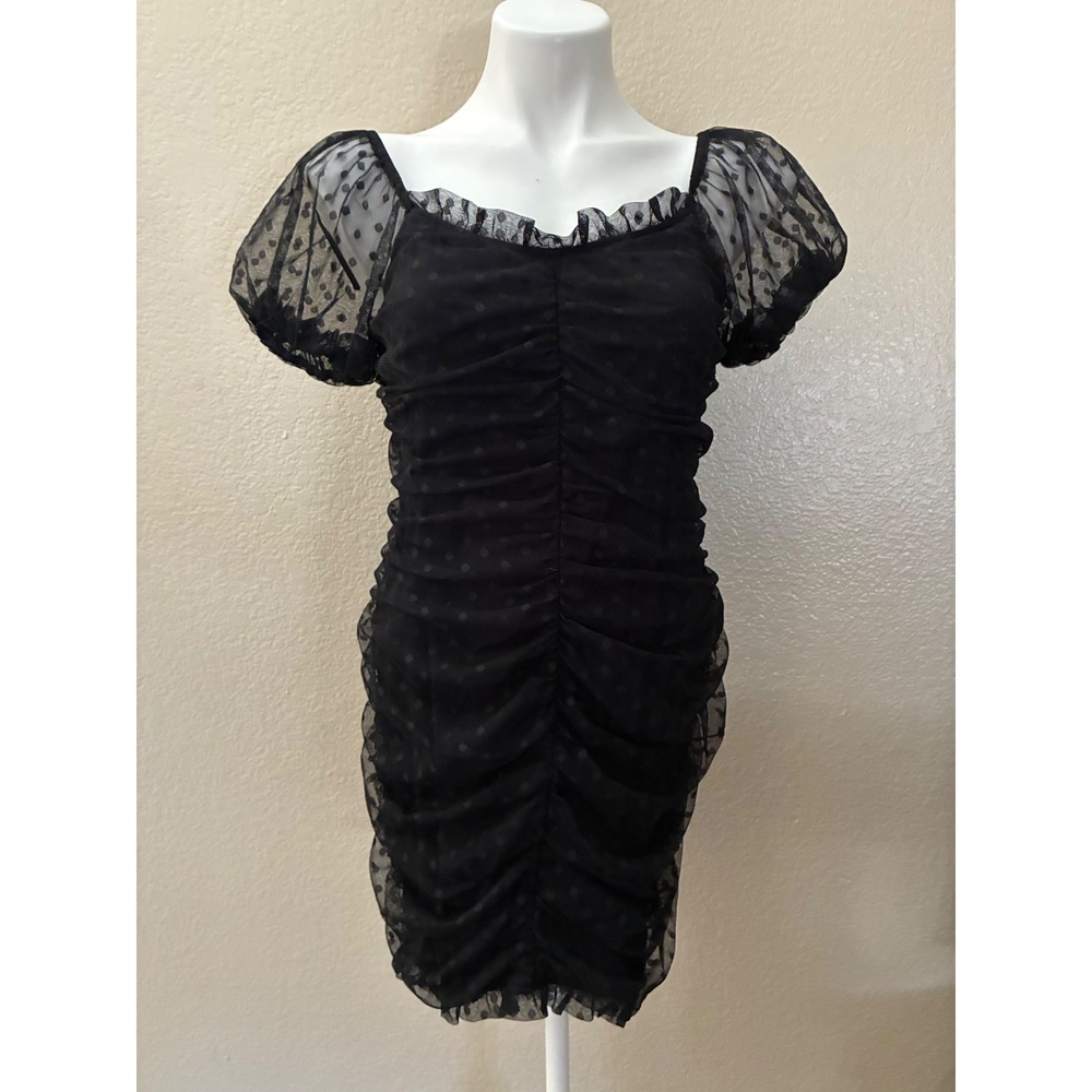 Ensemble Black Ruched Swiss Dot Mesh Mini Dress Puff Sleeve Bodycon D3083 Medium